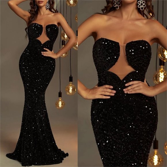 Sequin strapless mesh insert Formal Maxi Mermaid Dress Black - Picture 1 of 8